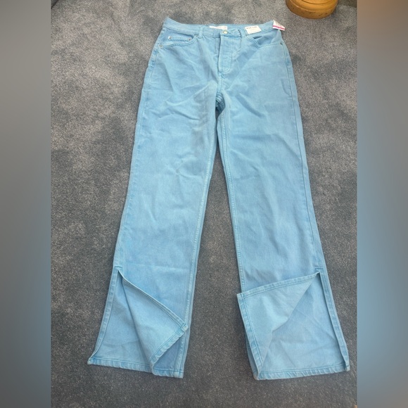 NWT Top Shop Kort Turquise Denim flares with split hem size W34 L32 US 12 - Picture 1 of 5